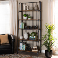 Baxton Studio YLX-9071 Ceren Vintage Rustic Industrial Distressed Wood and Black Metal Finished 5-Tier Living Room Ladder Shelf